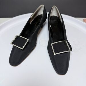 Vintage Dorina Black Satin Kitten Heel Pumps Rhinestone Buckle 9.5 AA 1940s 50s